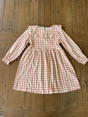 Oeuf Orange and tan checkered plaid long sleeve fit and flare dress 2-3 years